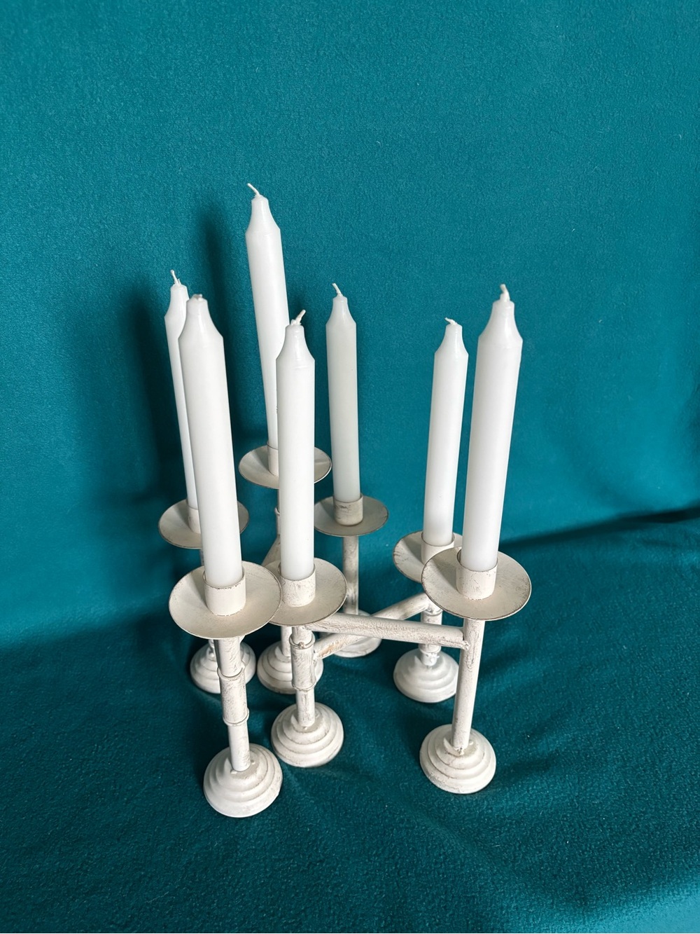 White Metal Multi-Arm Candle Holder with White Taper Candles